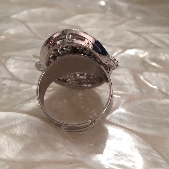 Silver Tone Faux Sapphire Blue Rhinestone Adjustable Ring NEW RED BANNER - Picture 3 of 5